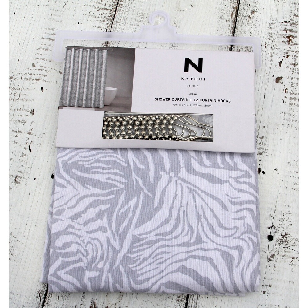 Natori Classic White and Grey Fabric Shower Curtain + 12 Curtain Hooks